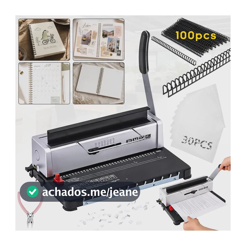 Encadernadora Perfuradora Manual A4 34 Furos, Com 100 Espirais Capacidade 120 Folhas