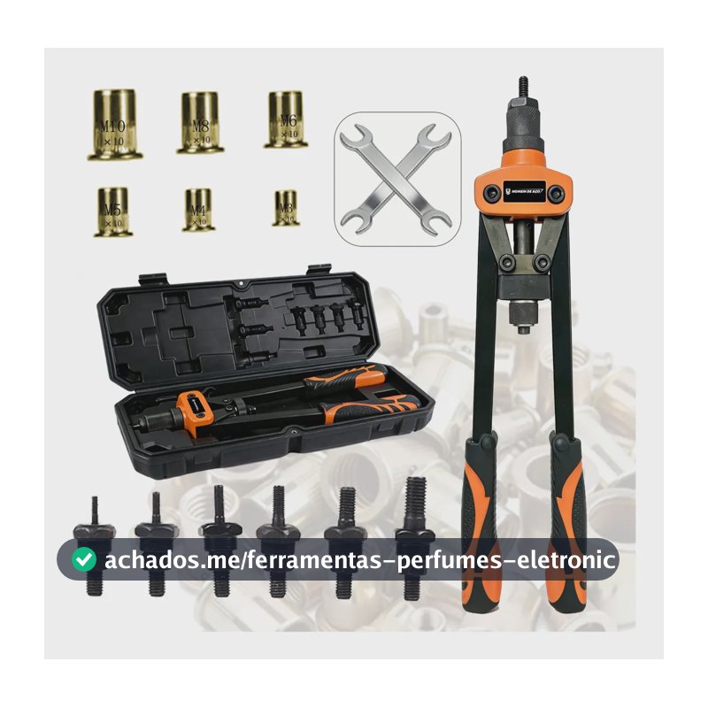 Kit Rebitador Manual Rosca Com Cabo Borracha Alavanca M3-m10 Pro Kit + 60porcas De Rebitagem + 6bocal + 2chave De Boca Aberta