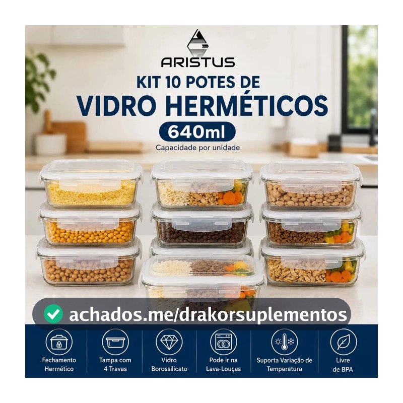Kit 10 Potes Vidro Hermético Aristus 640ml Marmita Anti Vazamento Forno Micro-ondas Freezer Tampa 4 Travas - Branco