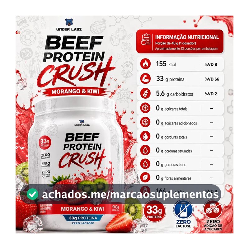 Proteína Under Labz Beef Crush em pó sabor Morango kiwi x 910g