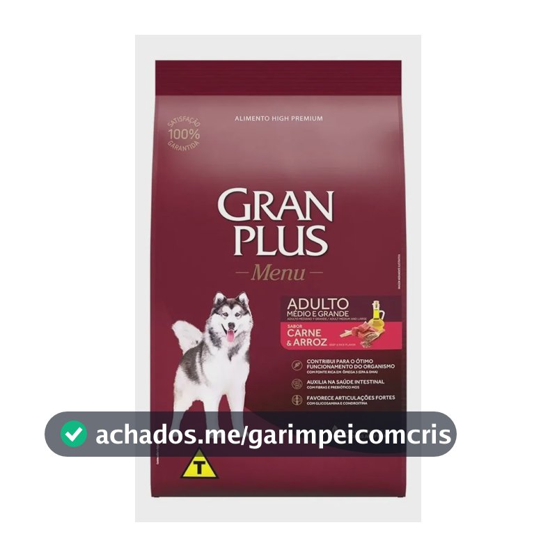 Ração Gran Plus Menu Cão Adulto Médio e Grande Carne Arroz 15kg