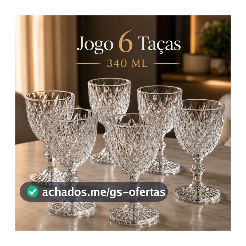 Jogo 6 Taças De Vidro Diamond Cristal 340 ML Luxo Elegante Agua Suco Vinho Champanhe Restaurante Bar Adega