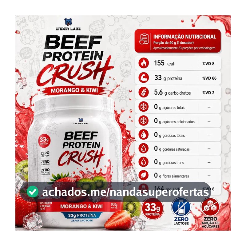 Proteína Under Labz Beef Crush em pó sabor Morango kiwi x 910g