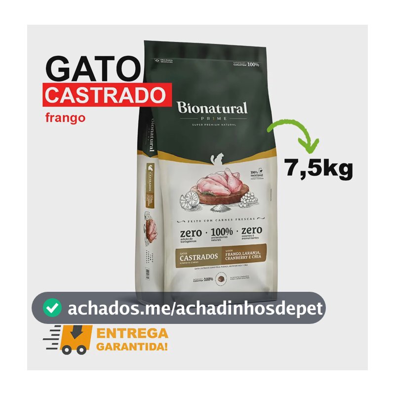 Ração Bionatural Para Gatos Castrados Sabor Frango 7,5kg
