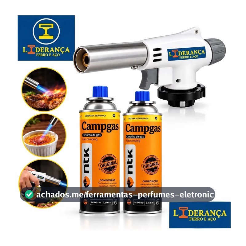 Maçarico Portátil Regulável + 2 Refil Chama Fina 1300°C Para Gás Butano Culinária Soldagem Artesanato Reparos Manutenção Churrasqueira Uso Doméstico Marca - Liderança