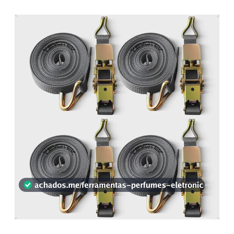 4x Cinta Catraca 800kg Reforçada Amarração Carga 4,6m Gancho Cor Cinza