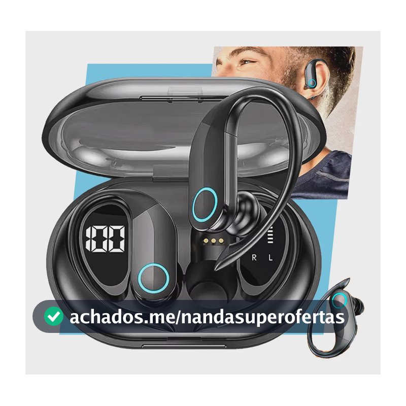 Fone de Ouvido Bluetooth TWS Esportivo com Gancho para Academia e Corrida