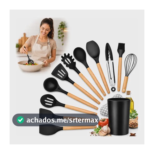 Kit Utensilios Cozinha Silicone Madeira 12 Pcs Preto