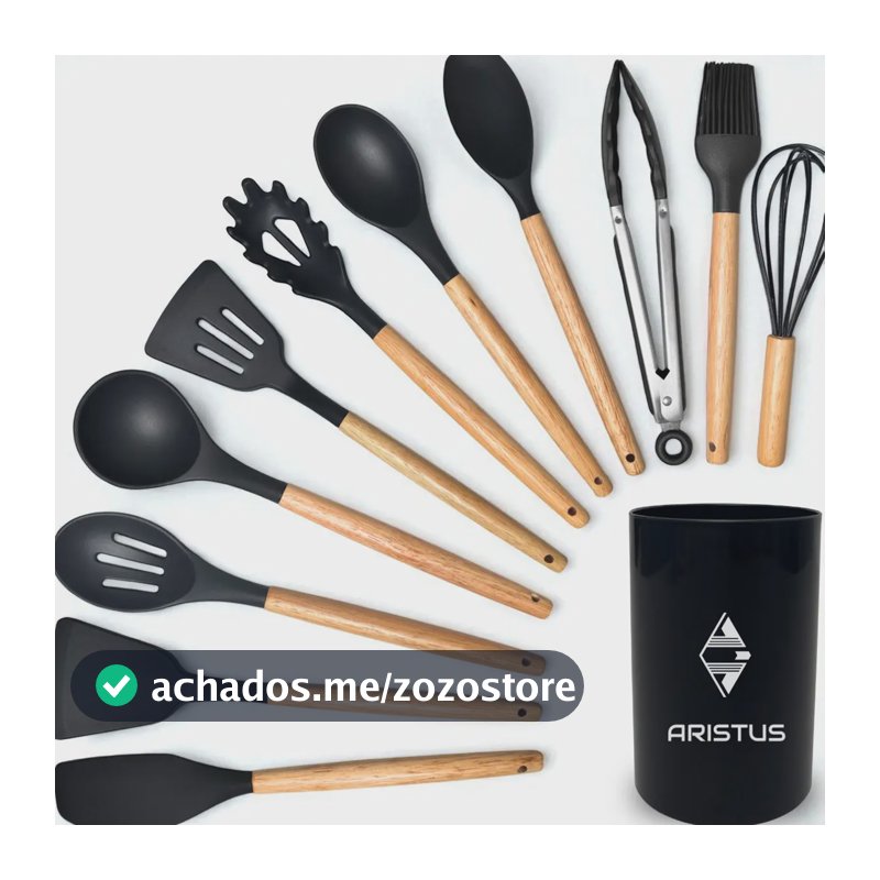 Kit 12 Utensílios De Cozinha Em Silicone Premium Com Cabo De Madeira Marca Aristus Resistentes Ao Calor Até 220°c, Antiaderentes, Duráveis E Modernos Cor Preto