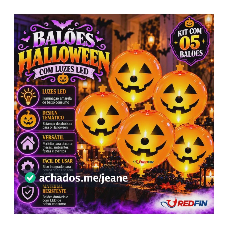 Kit 5 Balões Halloween Abóbora Com LED Amarelo Iluminado Para Decoração de Festa Mesa Parede E Ambiente Temático Dia Das Bruxas Para Pendurar Redfin