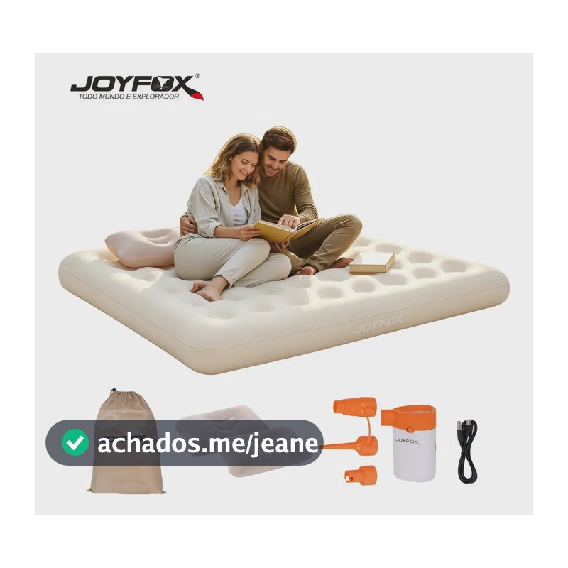Joyfox Colchão Inflável Duplo + Bomba De Lítio Portátil E Par De Travesseiros Creme 191 X 137 X 22cm