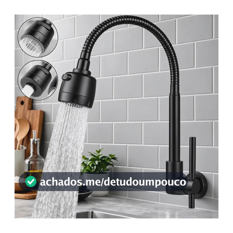 Torneira Cozinha Inox 360° Flexível 2 Jato Bancada De Parede Preto Brilhante