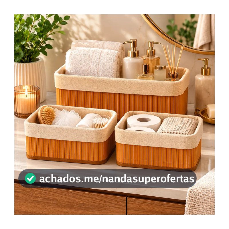 Cesto Organizador Bambu Kit 3 Unidades Decorales Multiuso Cozinha Banheiro Com Forro Premium Armazenamento Objetos Resistente