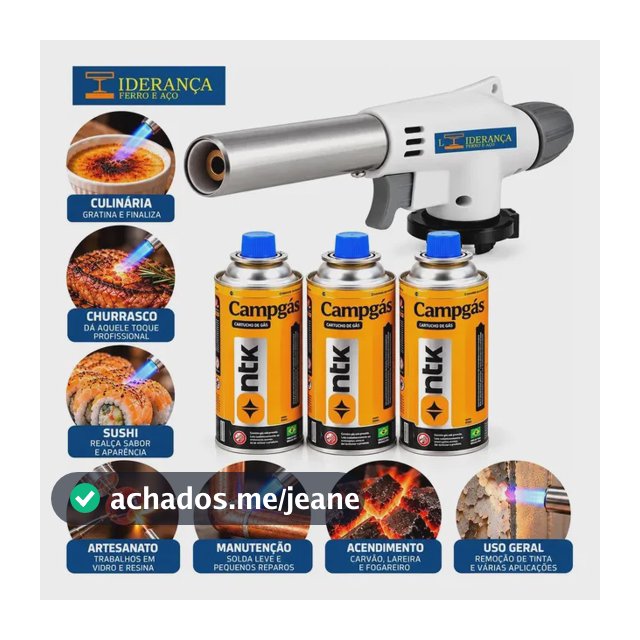 Maçarico Profissional Universal Multiuso Gourmet Portátil Com Regulagem De Chamas Kit Completo Com 3 Refil Para Chef De Cozinha Confeiteiro Flambar Solda Marca - Liderança Ferro E Aço