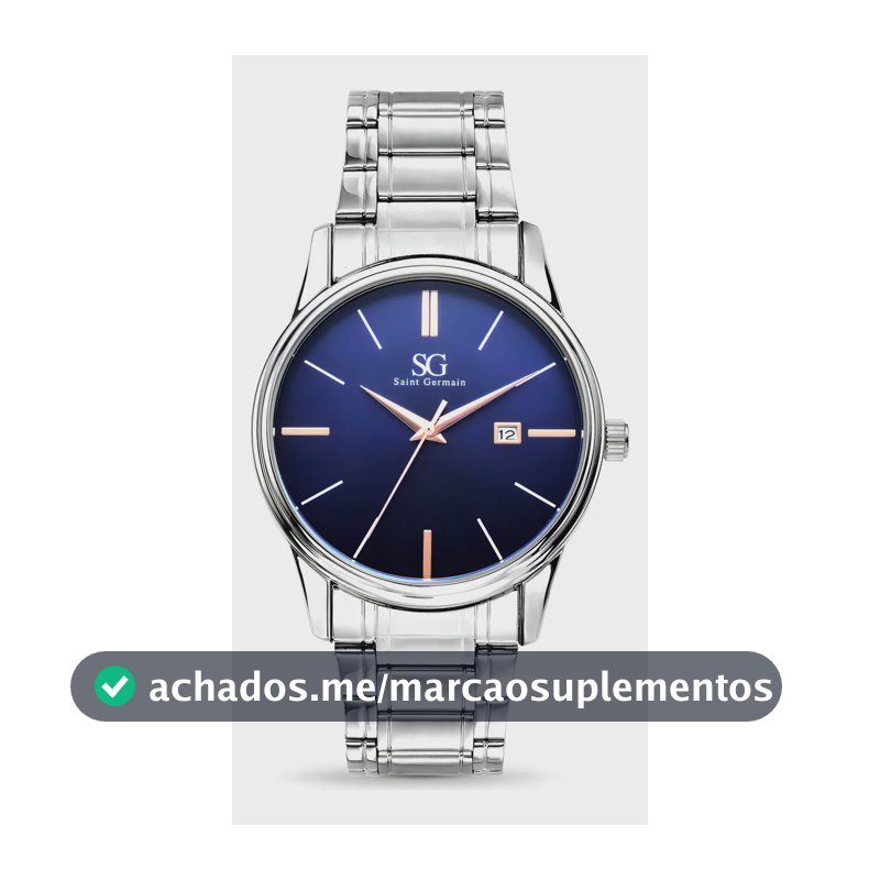 Relógio Masculino Clássico Pulseira Prata Correia Prateada Bisel Prateado Fundo Azul Marinho Saint Germain 42mm Elegante Detalhes Bronze