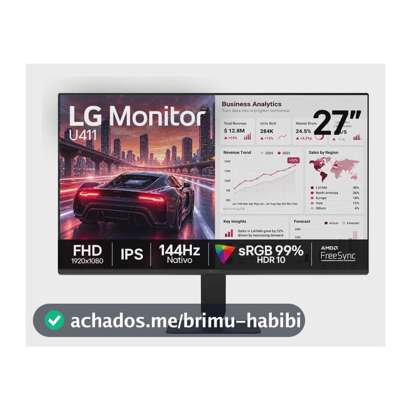 Monitor LG FHD Gamer & Office tela IPS 27”, 1ms (MBR), 144Hz Nativo, FreeSync, HDR10, sRGB, Modo leitura, Flicker Safe, HDMI, Black Stabilizer, Dynamic Action Sync, Preto - 27U411B