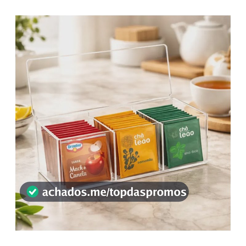Caixa Acrílica Porta Sachês De Chá Com Tampa 3 Divisórias Organizador Multiuso - Transparente Medre