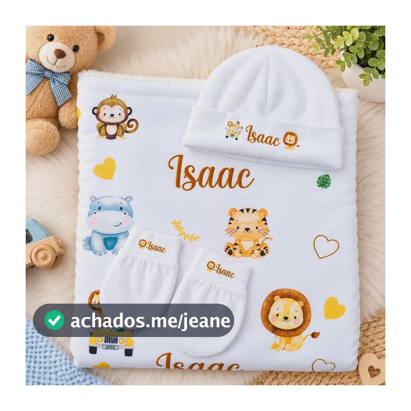 Manta Bebê Personalizada Luxo Conjunto Touca E Luva Bebê Personalizado Branco