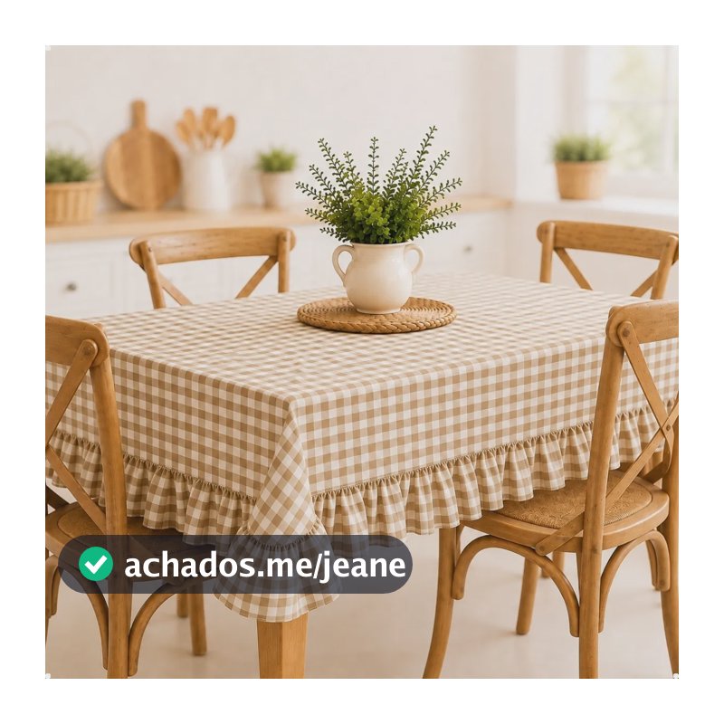 Toalha De Mesa Xadrez Com Babado Oxford Estilo Farm House Bege - 200 X 140