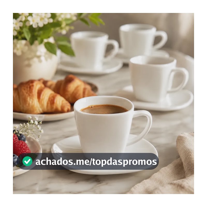 Jogo 6 Xicara Quadrada Café Chá 85 Ml Branco Opalina C/pires Branco Liso