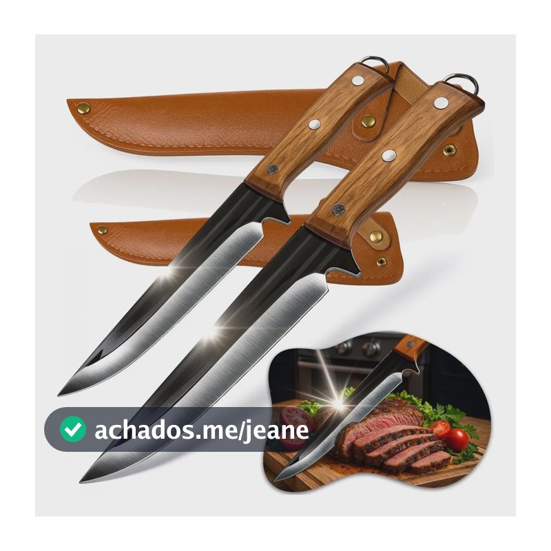 Kit 2 Facas Artesanais Churrasco Aço Inox Cabo Madeira Pro Marrom-claro