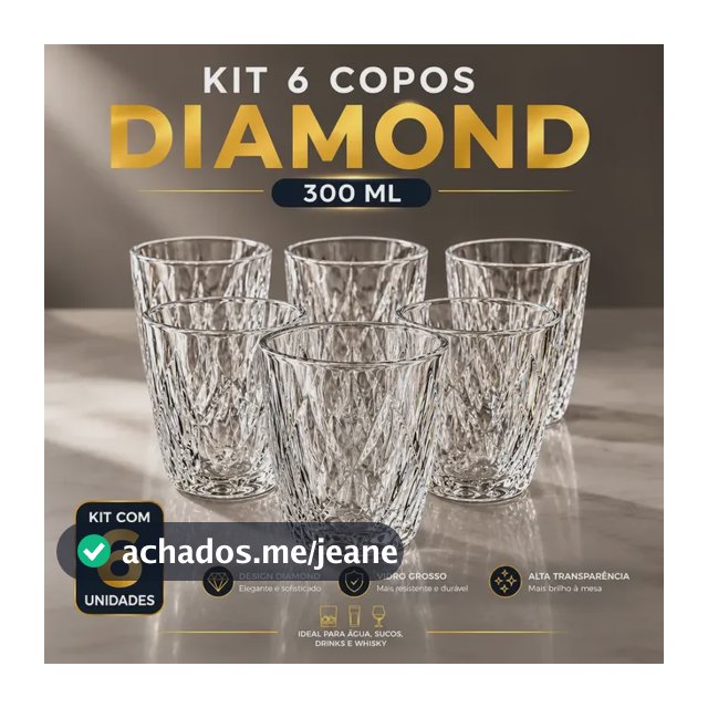Jogo 6 Copos 300ML Grande Vidro Grosso Diamond Resistente Transparente Kit para Drink Água Suco Refrigerante Bar Restaurante Diamante