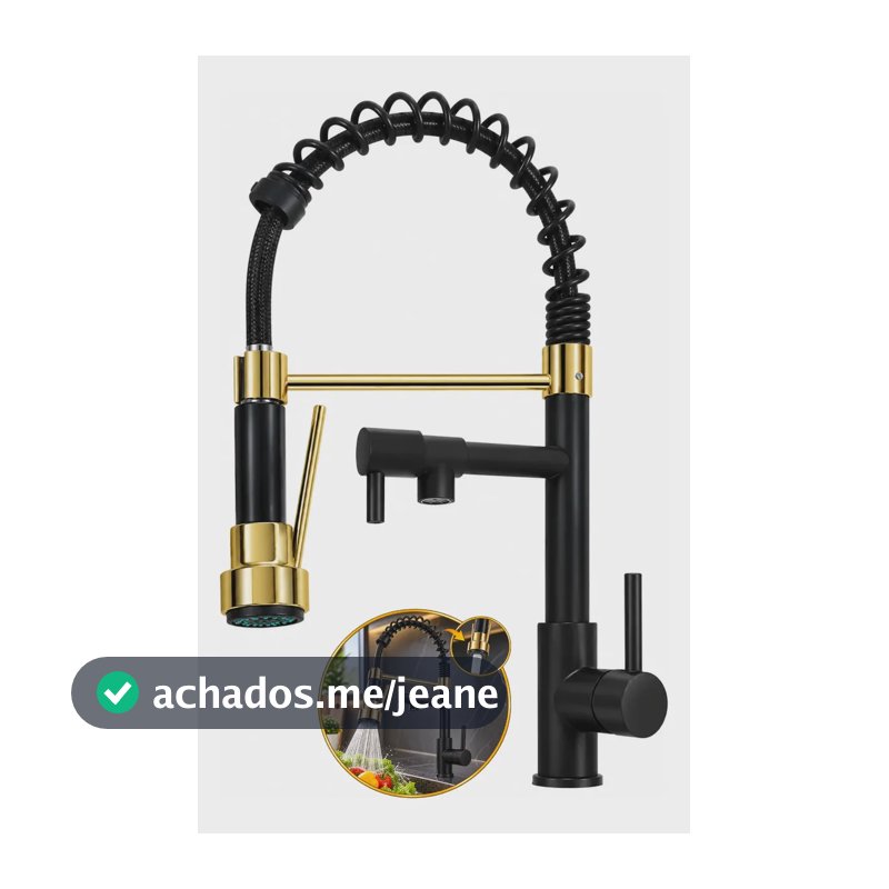 Torneira Gourmet Inox Cozinha Monocomando Preto Dourado 360°
