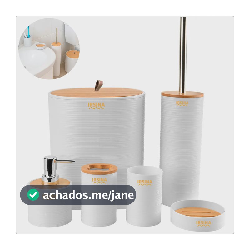 Kit Banheiro Conjunto De Acessórios Moderno Bambu Lixeira Saboneteira Escova Cor Branco Irsina