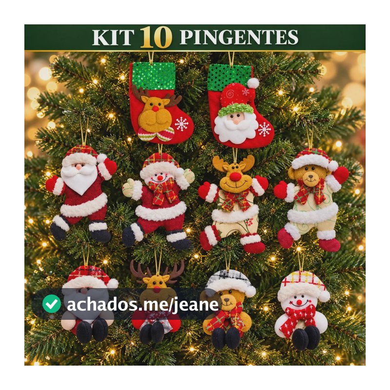 Kit 10 Pendentes Pelúcia Enfeite Árvore Natal Pingentes Papai Noel Grande 16cm Decoração Luvinco