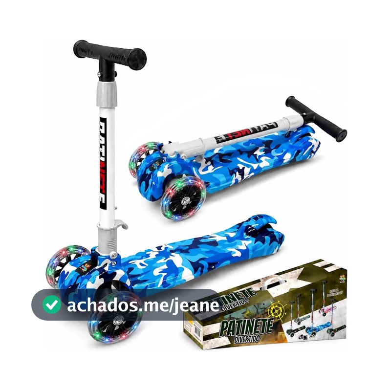 Patinete Infantil Meninos Camuflado Azul 45kg Luzes 3 Rodas