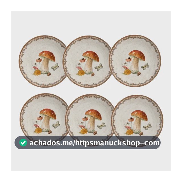 Jogo De Pratos Sobremesa Coup Bush - 21cm - 6 Pçs - Alleanza Creme Com Detalhes Marrom E Laranja Cogumelo
