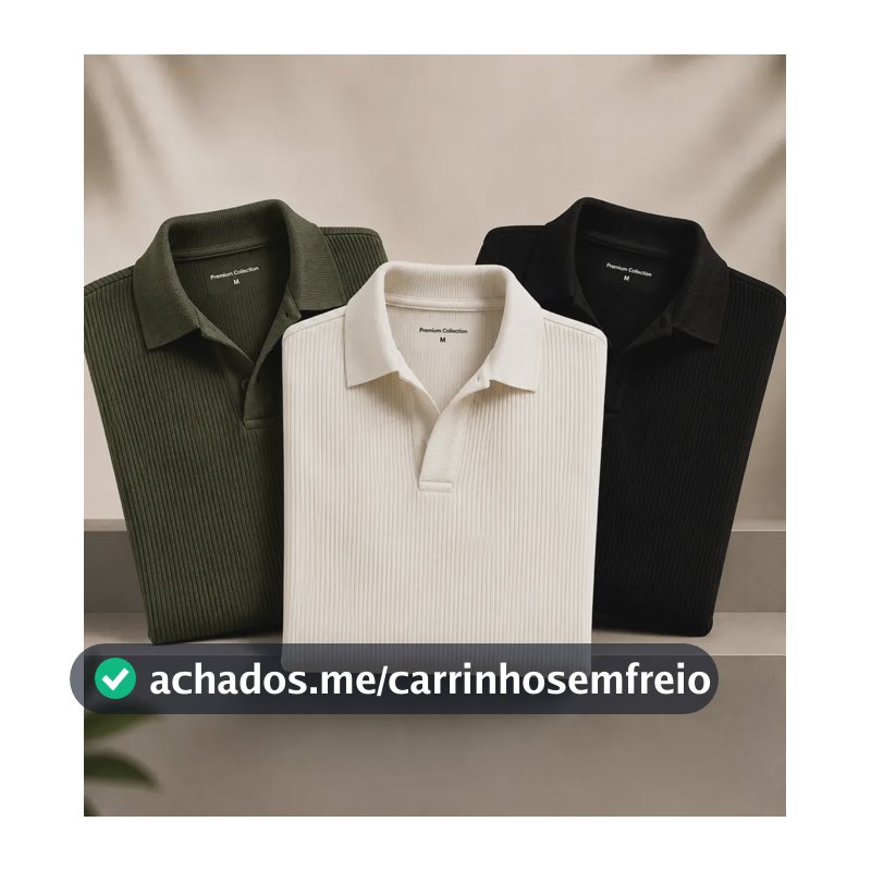 Kit Camisa Polo Masculina Canelada Gola Italiana Sem Botao Kit 3 - Verde Militar / Off / Preto G