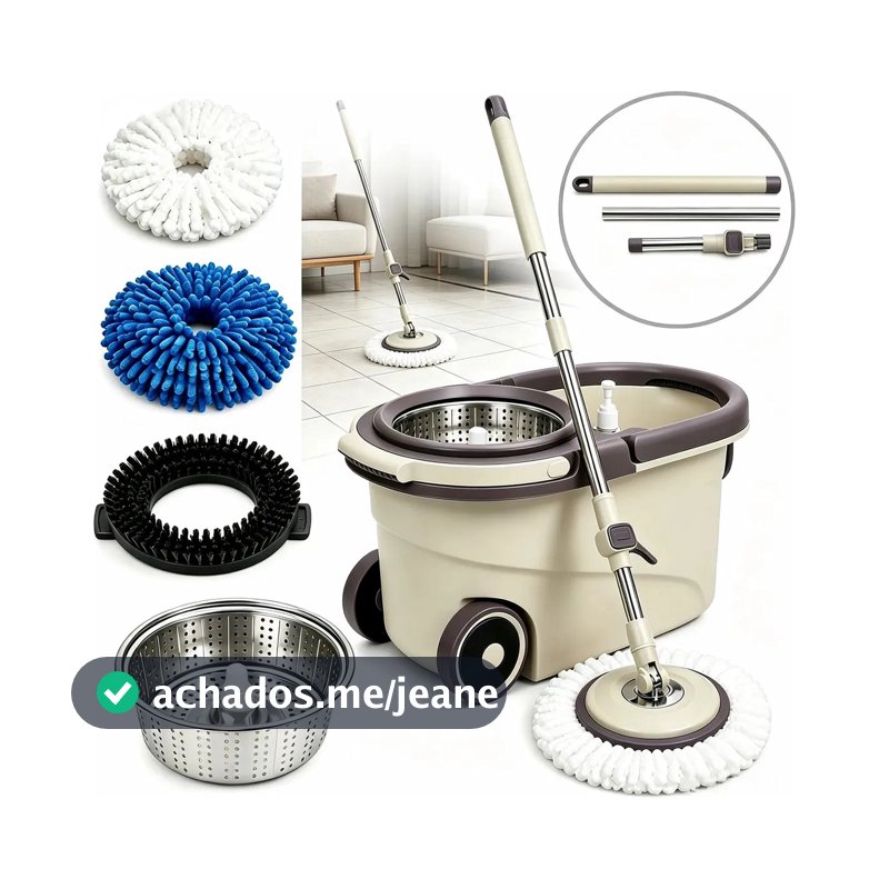 Mop Giratório Esfregão 16L Balde Plástico Marrom, Kit Com Cabo 1,2m, 4 Refis: Microfibra Chenille, 2 Algodão 120g, Escova Chão, Prato Plástico e Frasco de Lavagem