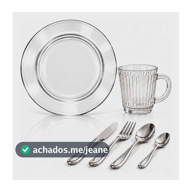 Jogo De Jantar 44 Peças - Pratos E Canecas De Vidro + Talher Transparente Lisa