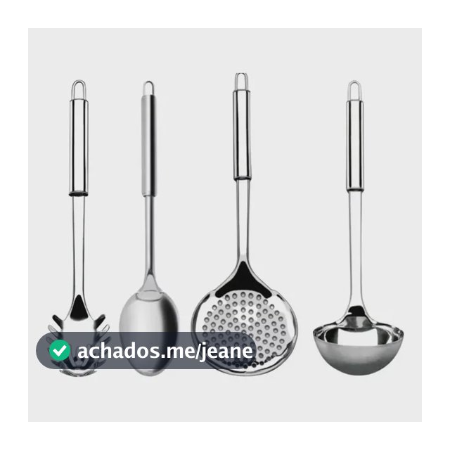 Kit 4 Utensílios Inox Cozinha Colher Concha Escumadeira Prateado