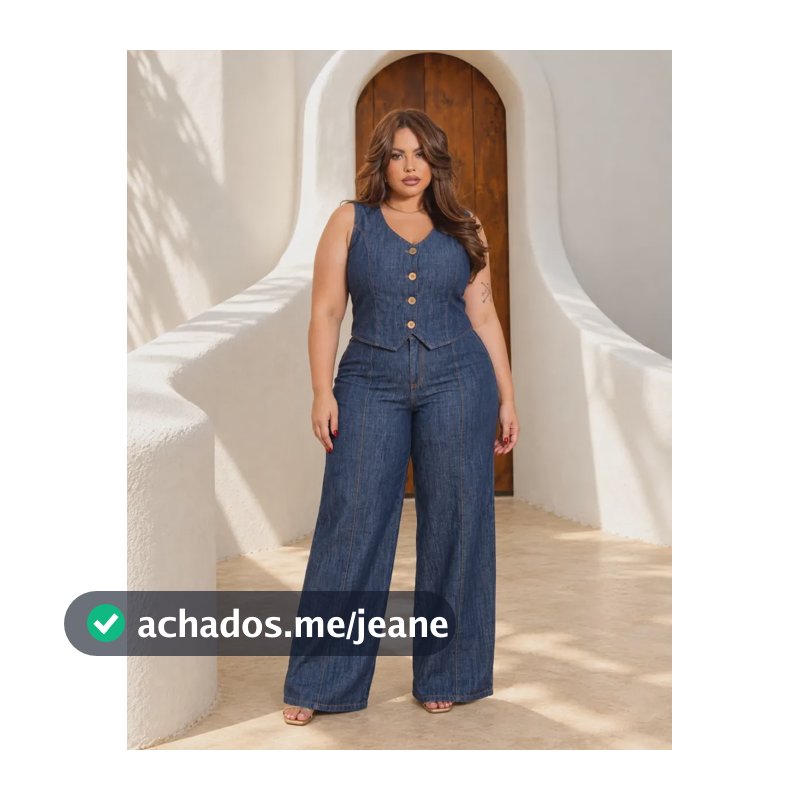 Conjunto Jeans Feminino Pantalona Colete Confortável Casual Azul Plus Liso G2