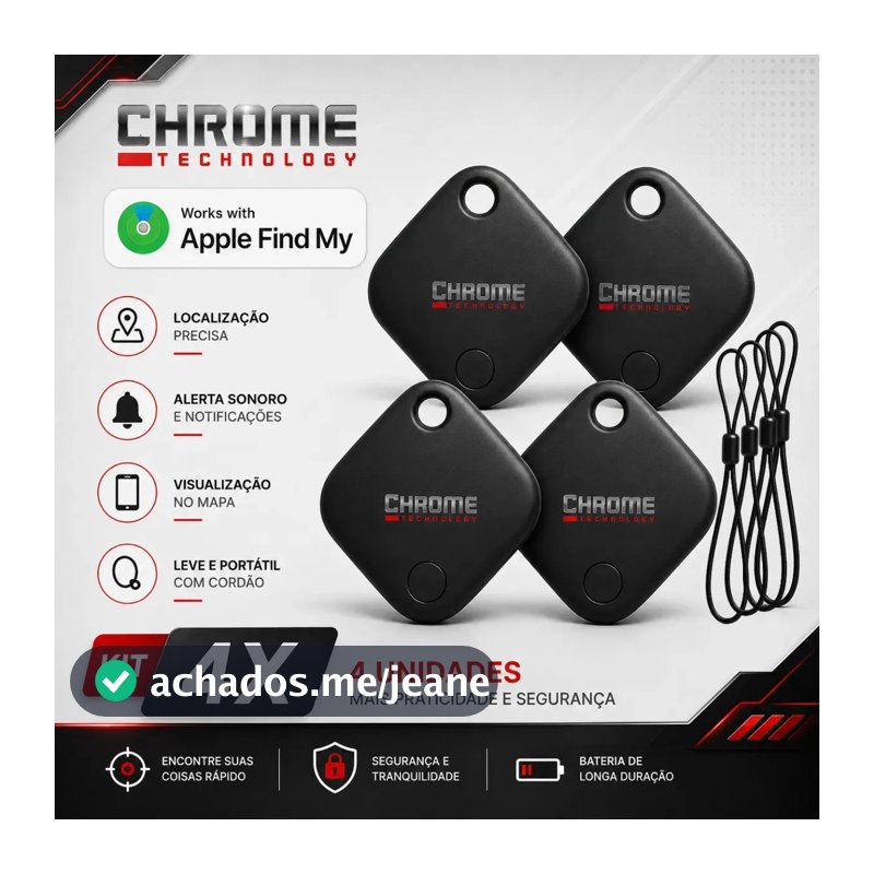 Chaveiro Localizador Smart Tag Kit 4 Rastreador Ios Apple Gps Com Cordão Chaveiro Cor Preto Compatível Com iPhone Chrome Technology
