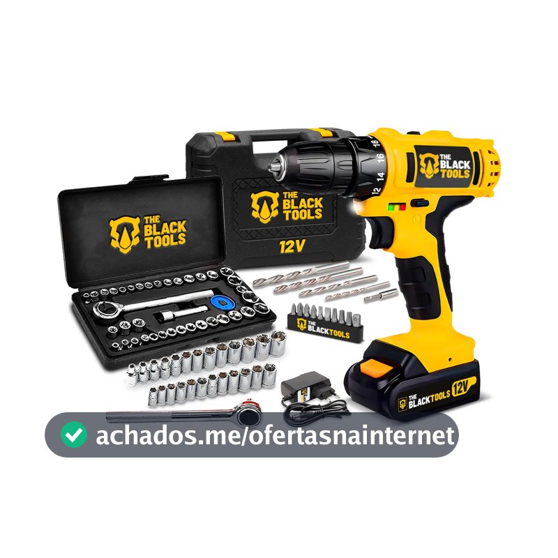 Parafusadeira Furadeira Sem Fio Bateria 12v P/ Madeira Metal Tb-12e The Black Tools Com Jogo De Soquetes 40 Peças