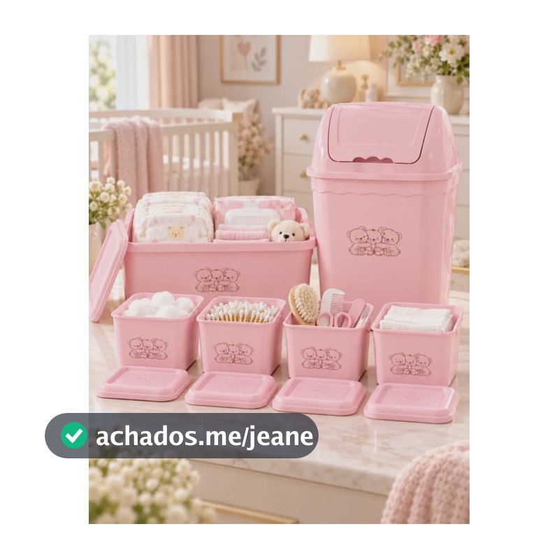 Kit Organizador Cuidado Higiene Bebê 6 Peças Lixeira E Potes Rosa