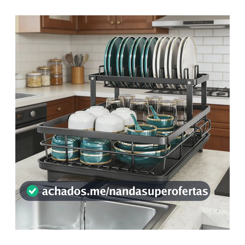 Escorredor de Louças Rack 2 Andares Preto com Bandeja Coletora Organizador de Pia Cozinha Mix Home Center