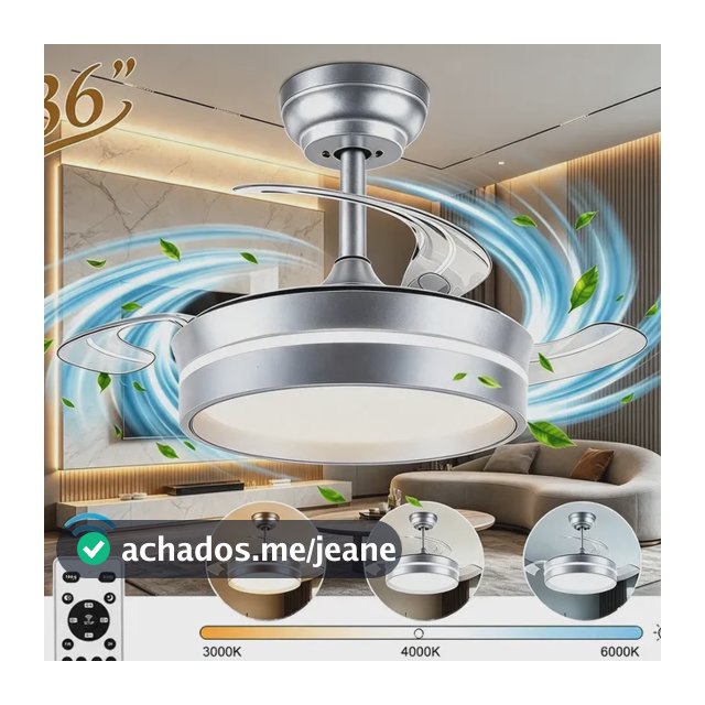Ventilador De Teto 36pol Retratil Bivolt 127/220v Silencioso 40 Cm 60 Hz Prateado 127/220v Transparente Policarbonato 3
