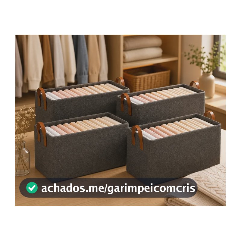 Kit 4 Cestos Organizadores Dobráveis Guarda Roupa Armário Cinza