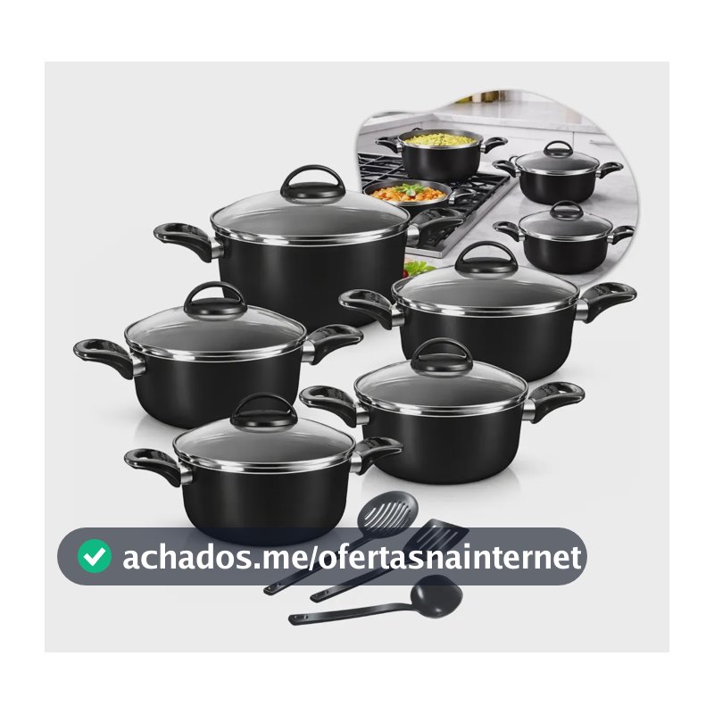 Conjunto De Panelas Caçarolas 5 Peças Antiaderente Com 3 Utensilios E Tampa De Vidro Preto