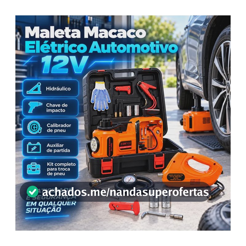 Kit Macaco Elétrico Hidráulico Automotivo 12v Com Calibrador De Pneus E Auxiliar De Partida Bateria