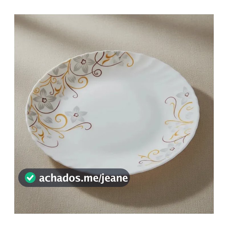 Jogo 6 Pratos Raso Refeição Vidro Branco Floral Delicado Amarelo Florido