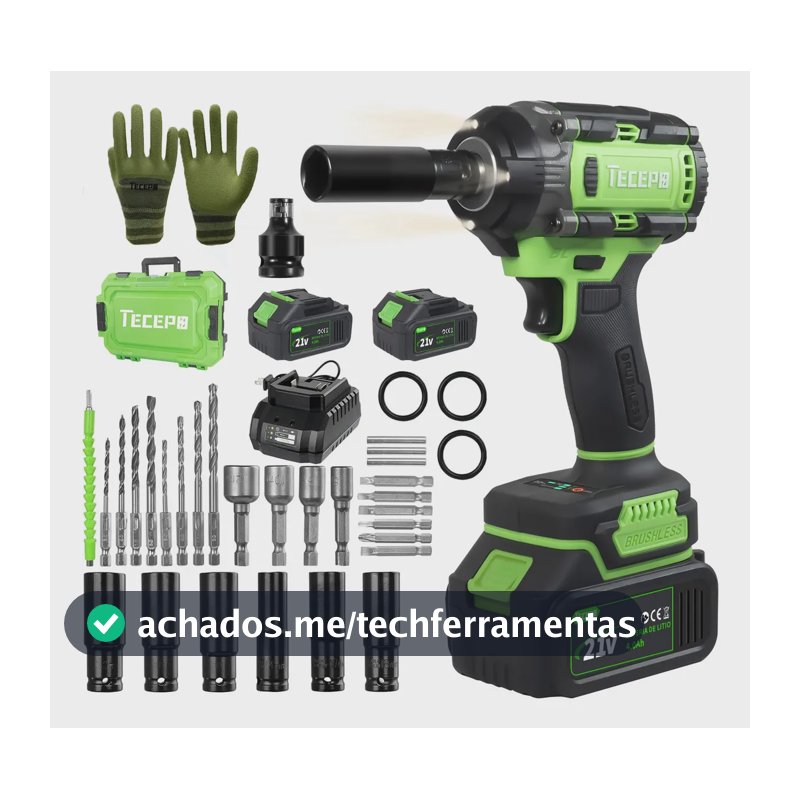 Chave De Impacto 400n.m Sem Escova Tecepo Com 2 Baterias 4ah Verde-limão 60hz