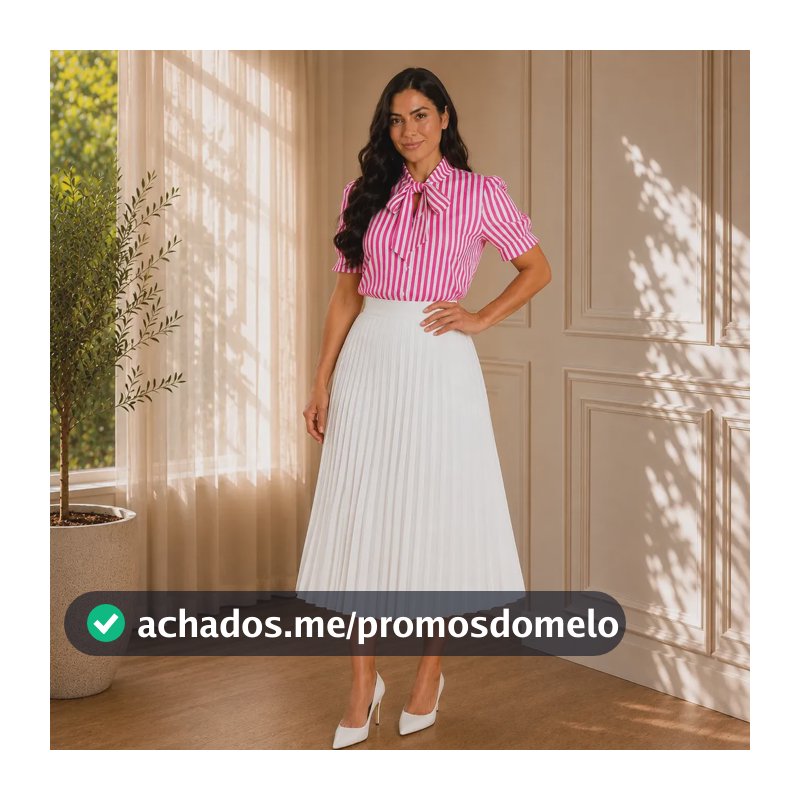 Conjunto Feminino Saia Midi Plissada Blusa Manga Princesa Rosa M