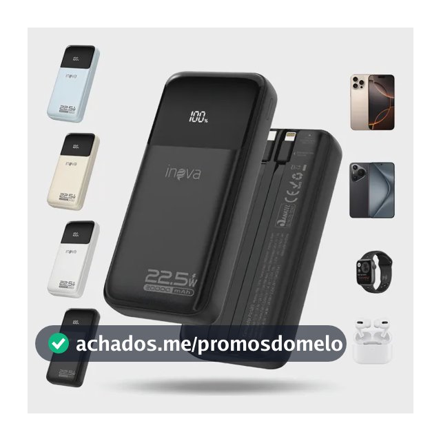 Power Bank 20000mah Portátil Rápida 22.5w Com Cabo Embutido