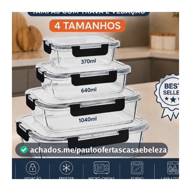 Kit 4 Potes De Vidro Hermético Marmita Vários Tamanhos
