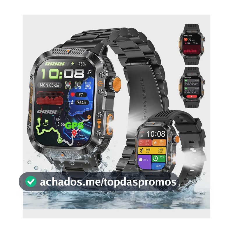 Relógio Inteligente Smartwatch GPS Autônomo NOVANTE Masculino Feminino Chamadas Bluetooth Preto Esportivo Tática À prova d'água 3ATM 430mAh Android IOS Com Pulseira De Aço Lanterna Bússola Presente